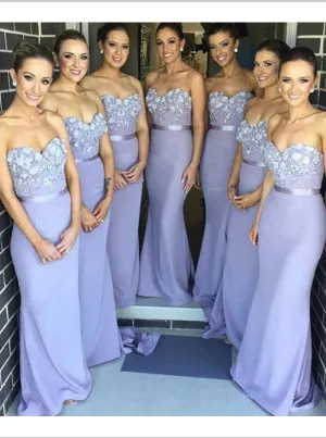 Sheath Sweetheart Strapless Satin Train Bridesmaid Dresses Floor Length