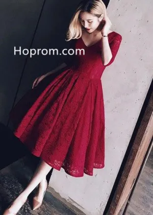 Short Lace Homecoming Dress, Burgundy V-neck Prom Dresses