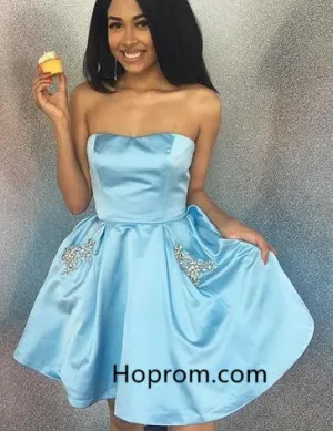 Sky Blue Short Strapless Homecoming Dress with Pockets
