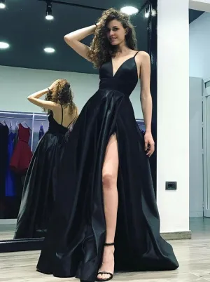 Spaghetti Straps Deep V Neck Black A Line Prom Dresses Stain  Evening Dresses Prom