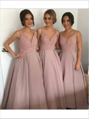 Spaghetti Straps V-neck Bridesmaid Dresses Floor Length With Beading
