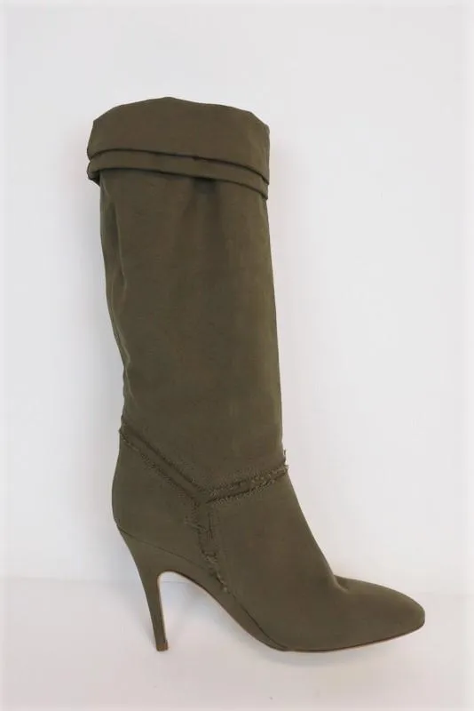 Stella McCartney Knee High Boots Olive Frayed Canvas Size 41 High Heel