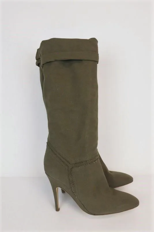 Stella McCartney Knee High Boots Olive Frayed Canvas Size 41 High Heel