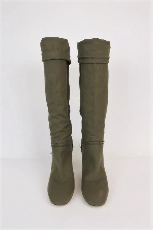 Stella McCartney Knee High Boots Olive Frayed Canvas Size 41 High Heel