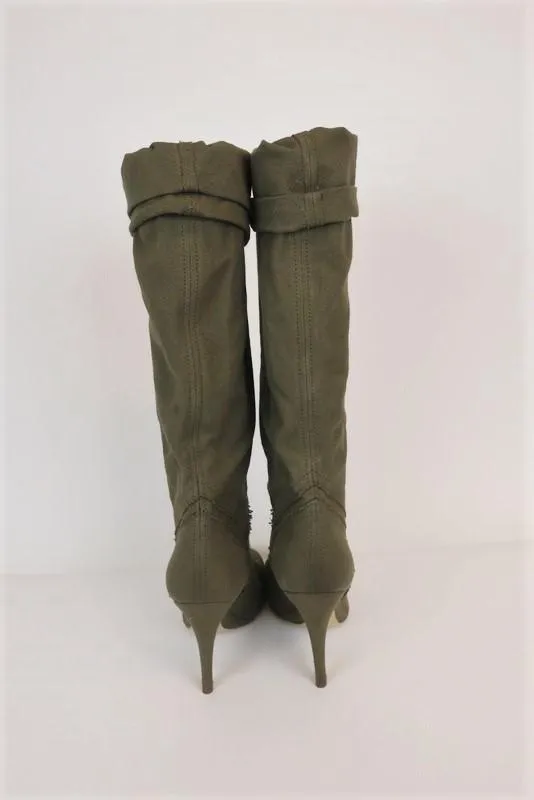 Stella McCartney Knee High Boots Olive Frayed Canvas Size 41 High Heel