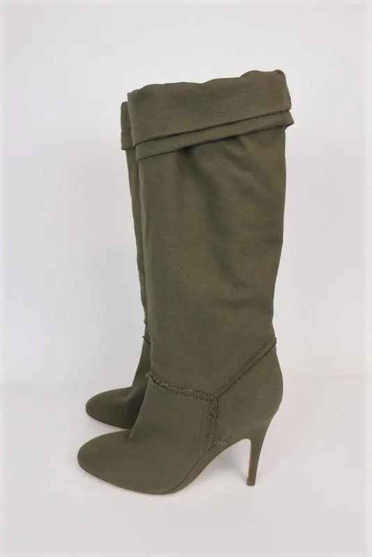 Stella McCartney Knee High Boots Olive Frayed Canvas Size 41 High Heel