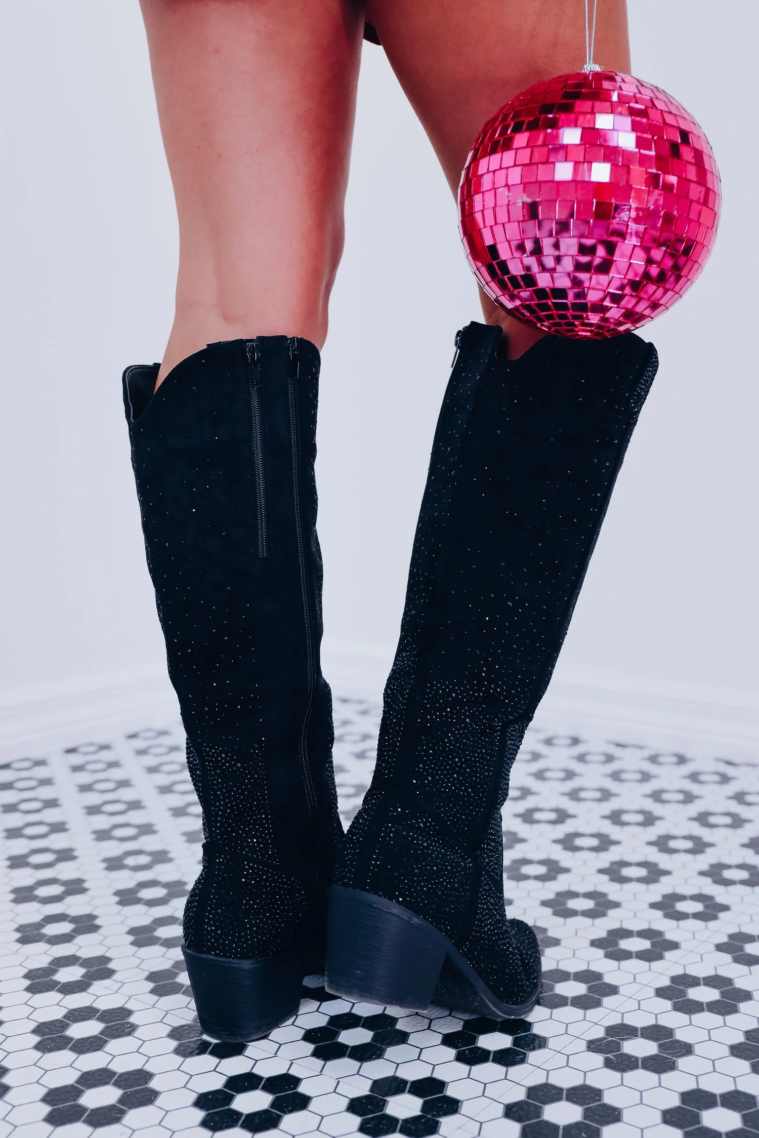 Steppin' Out Rhinestone Knee High Boot - Black
