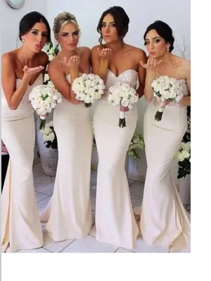 Strapsless Floor length Satin Bridesmaid Dress With Beading