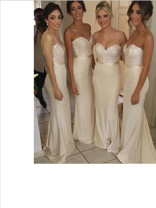 Strapsless Floor length Satin Bridesmaid Dress With Beading