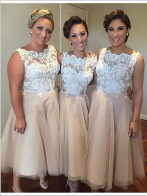 Sweetheart Sleeveless Bridesmaid Dresses,Applique Tulle Knee Length Bridesmaid Dresses
