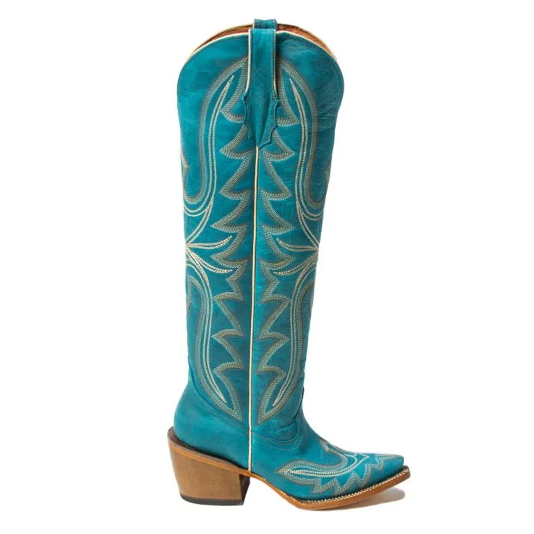 TANNER MARK WOMEN’S Billie Crackle Turquoise Fashion Heel Knee High Cowgirl Boots