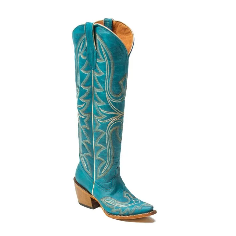 TANNER MARK WOMEN’S Billie Crackle Turquoise Fashion Heel Knee High Cowgirl Boots