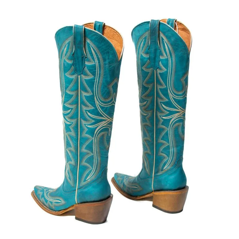 TANNER MARK WOMEN’S Billie Crackle Turquoise Fashion Heel Knee High Cowgirl Boots