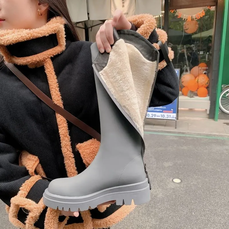 Thick Fur Warm Leather Knee High Boots With Zip