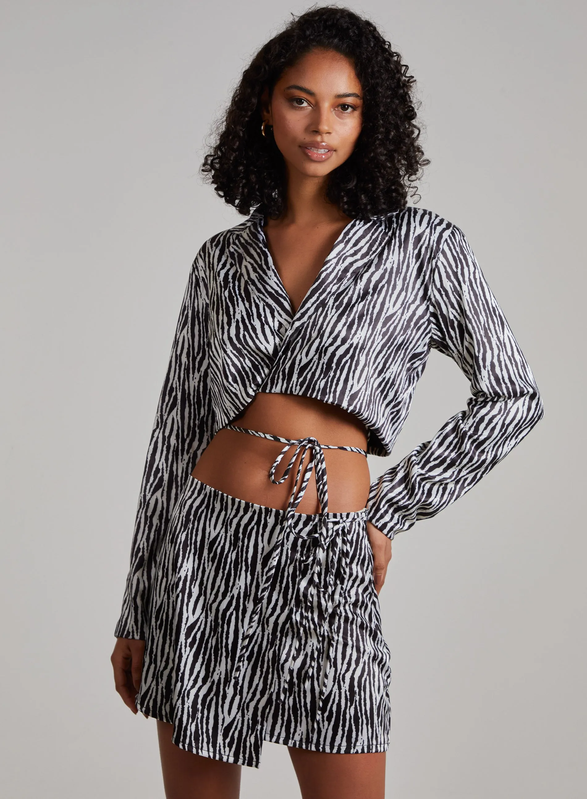 Tie Waist Satin Zebra Crop Top