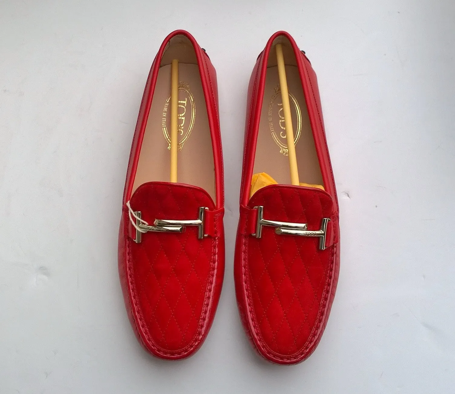Tod's Double T Red Leather and Suede Quilted Loafers Gommino Silver Buckle