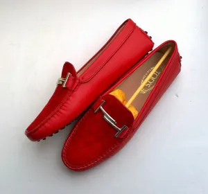 Tod's Double T Red Leather and Suede Quilted Loafers Gommino Silver Buckle