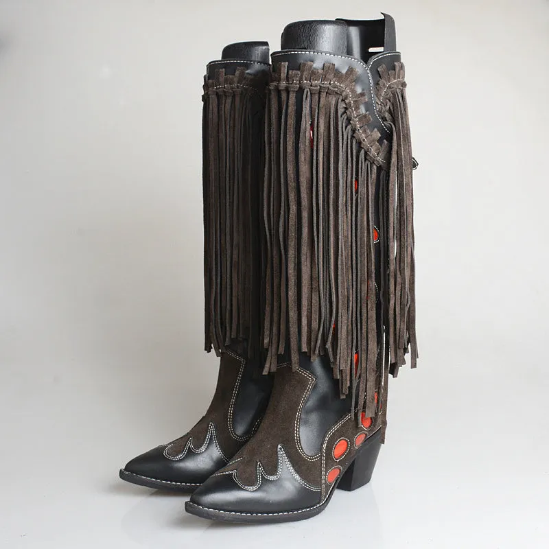 Top Layer Cowhide Knee-length Boots with Fringed