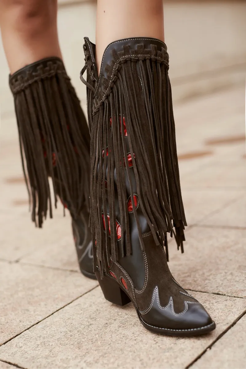 Top Layer Cowhide Knee-length Boots with Fringed
