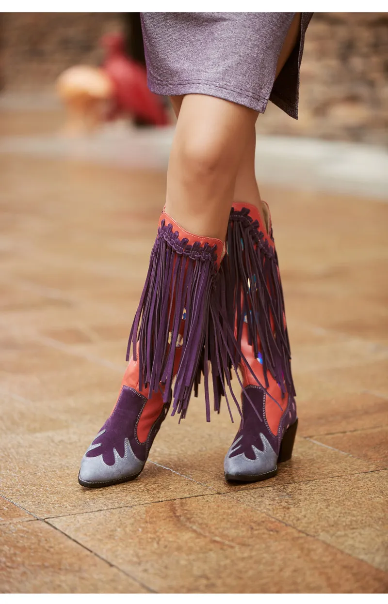 Top Layer Cowhide Knee-length Boots with Fringed
