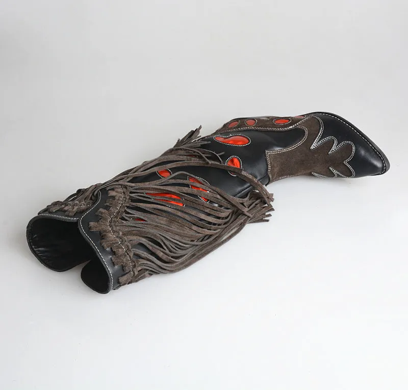 Top Layer Cowhide Knee-length Boots with Fringed