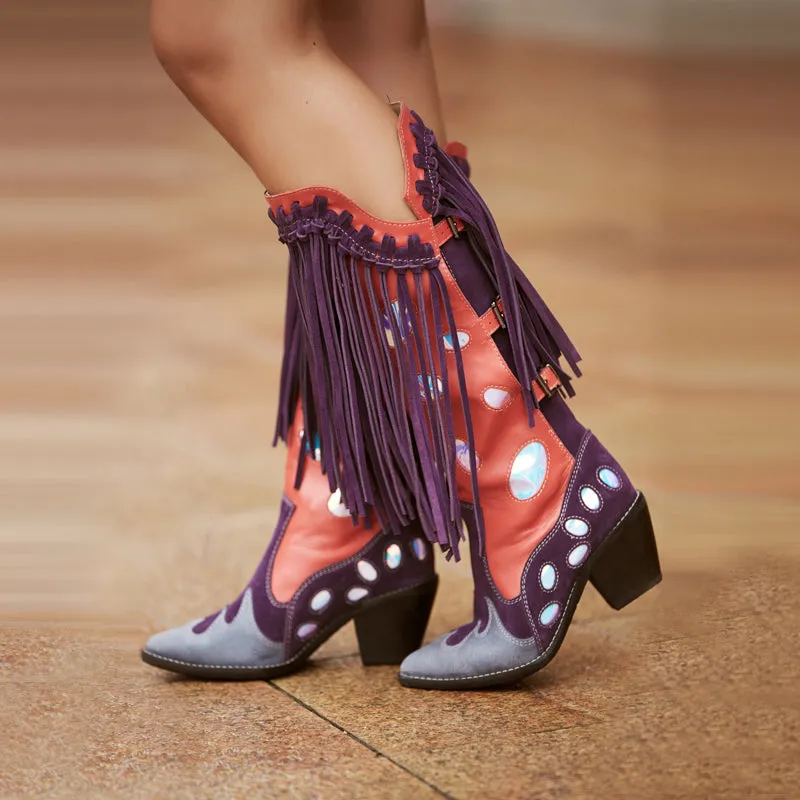 Top Layer Cowhide Knee-length Boots with Fringed