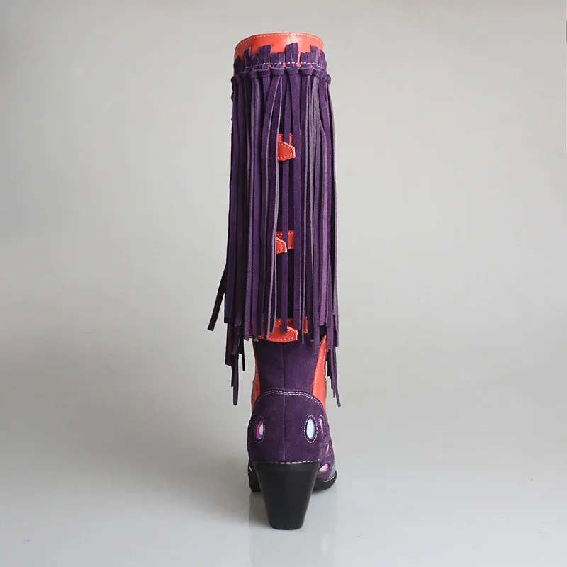 Top Layer Cowhide Knee-length Boots with Fringed