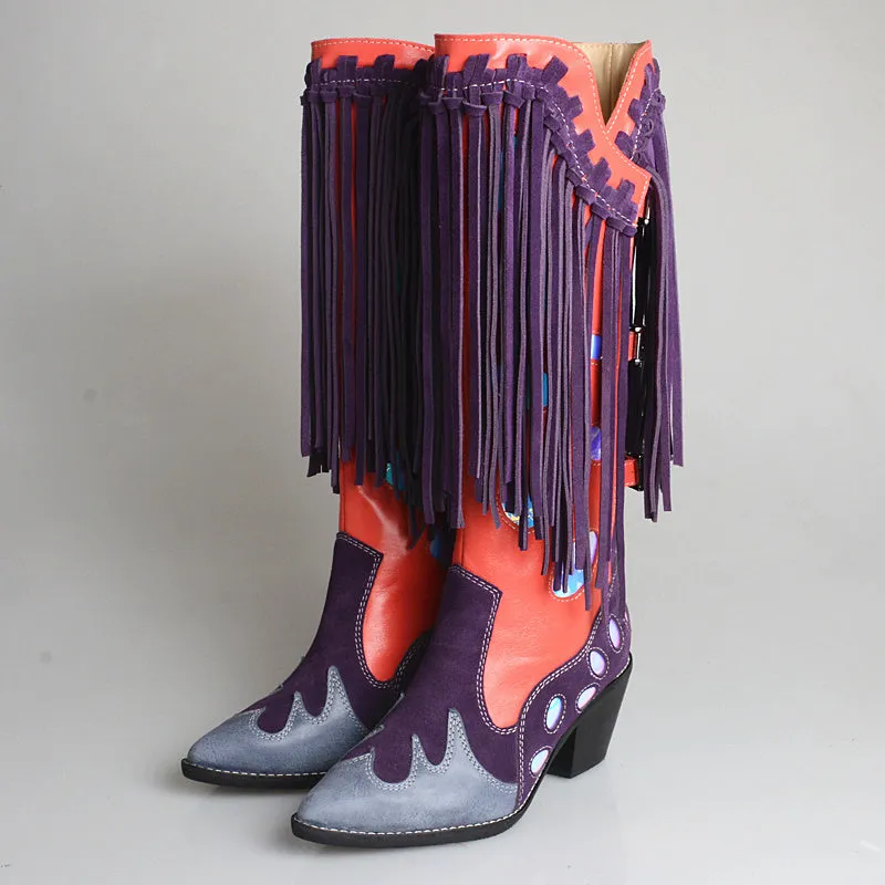 Top Layer Cowhide Knee-length Boots with Fringed