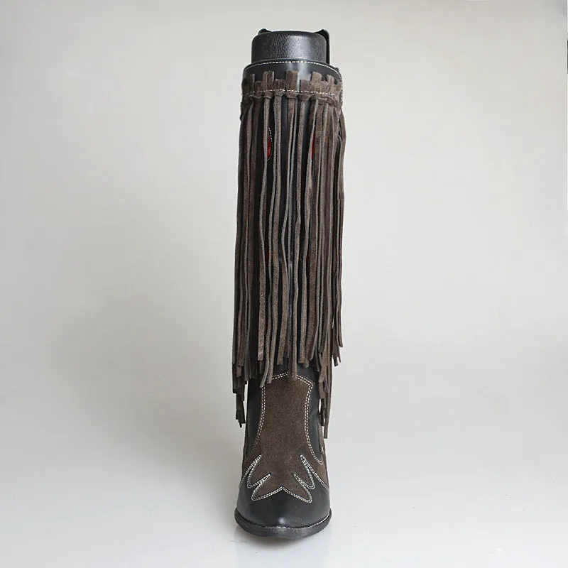 Top Layer Cowhide Knee-length Boots with Fringed