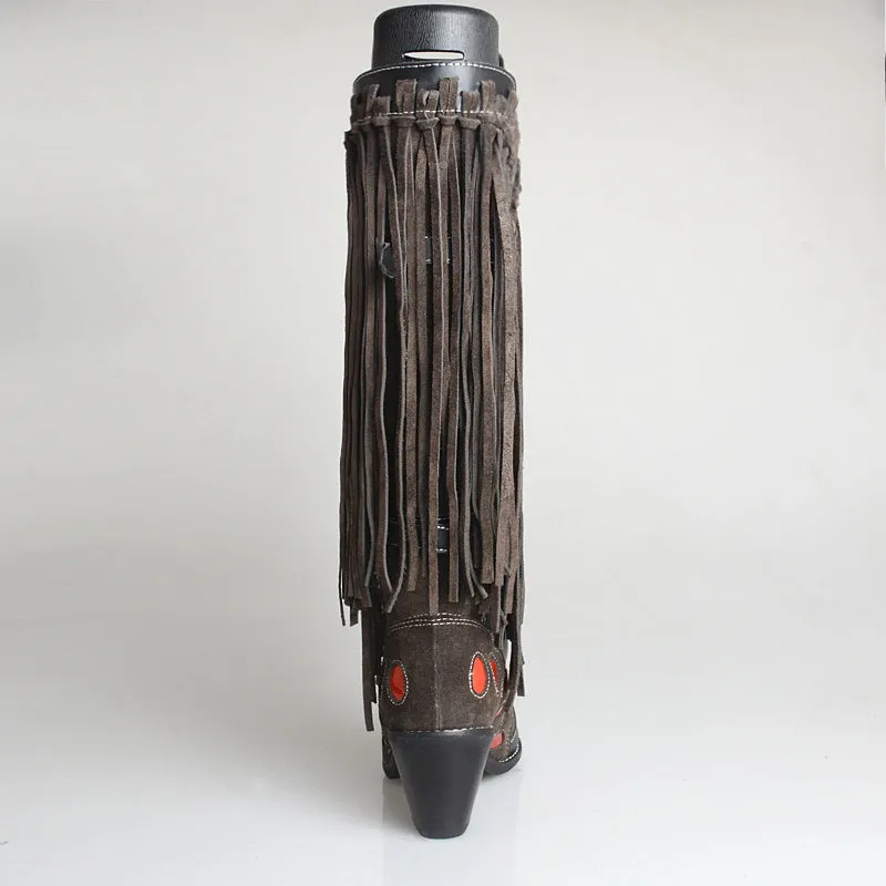 Top Layer Cowhide Knee-length Boots with Fringed