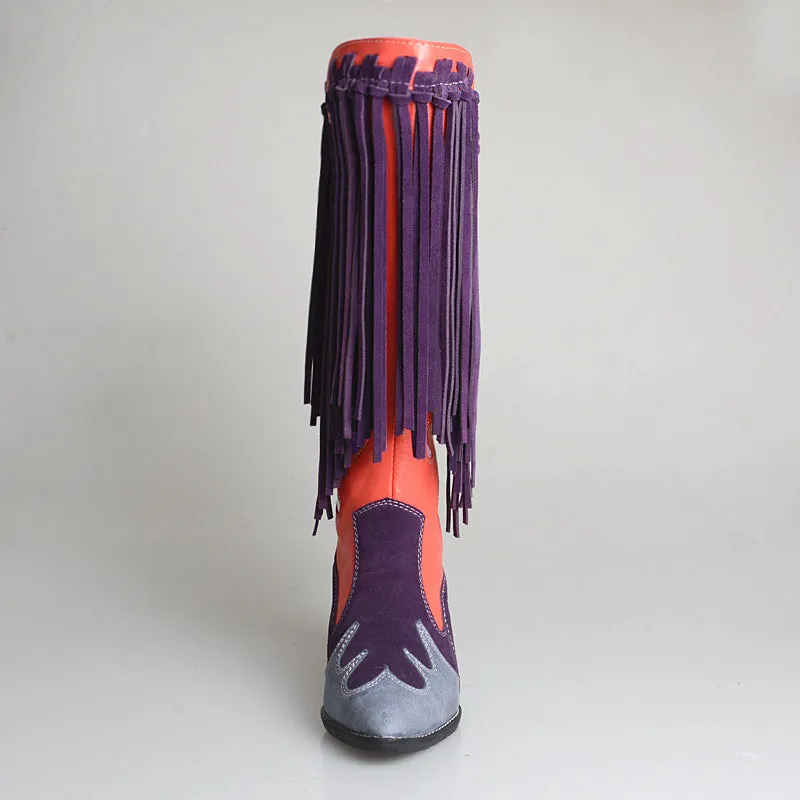 Top Layer Cowhide Knee-length Boots with Fringed