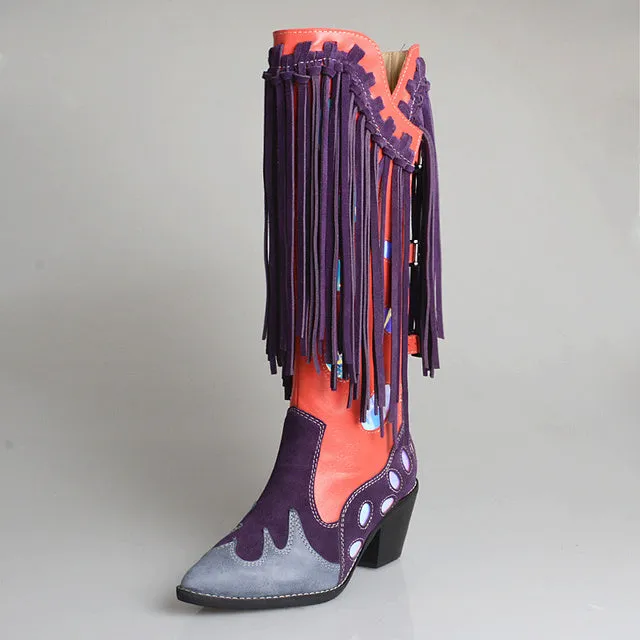 Top Layer Cowhide Knee-length Boots with Fringed