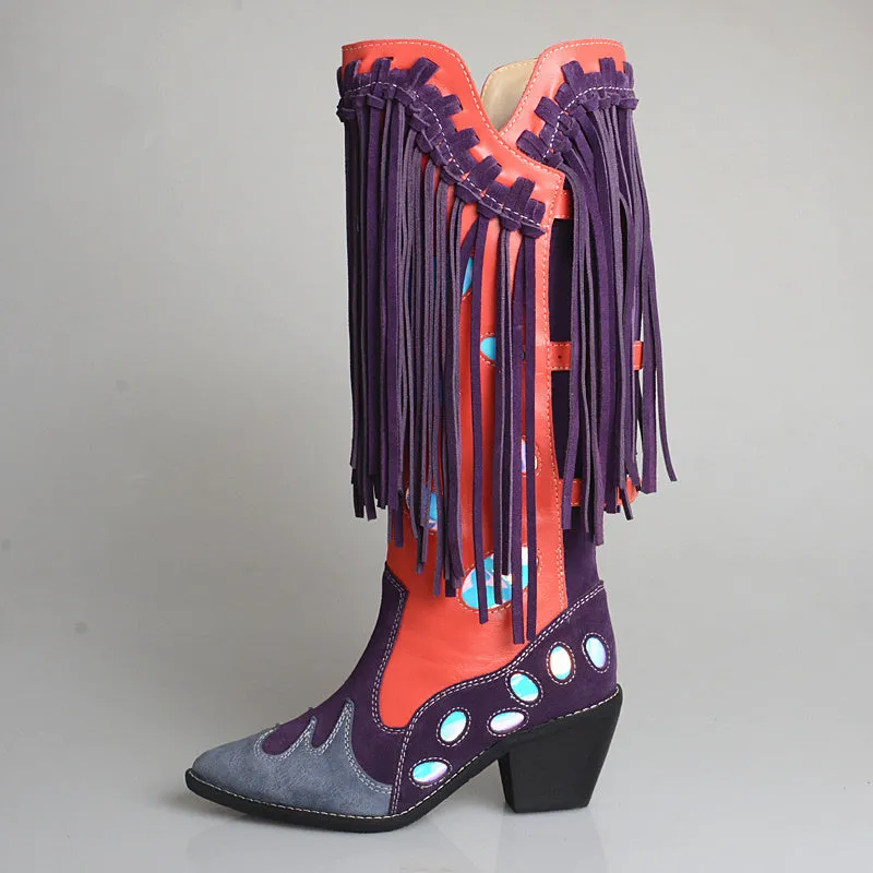 Top Layer Cowhide Knee-length Boots with Fringed