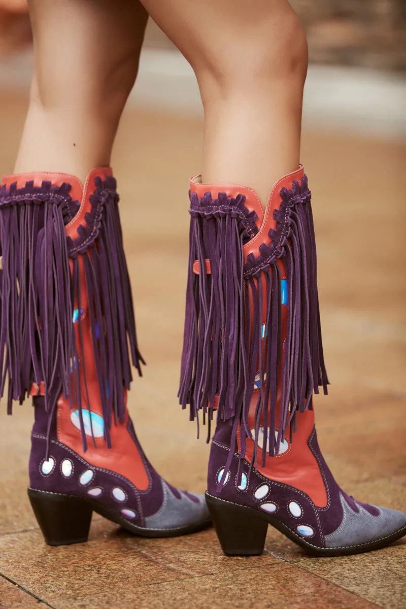 Top Layer Cowhide Knee-length Boots with Fringed