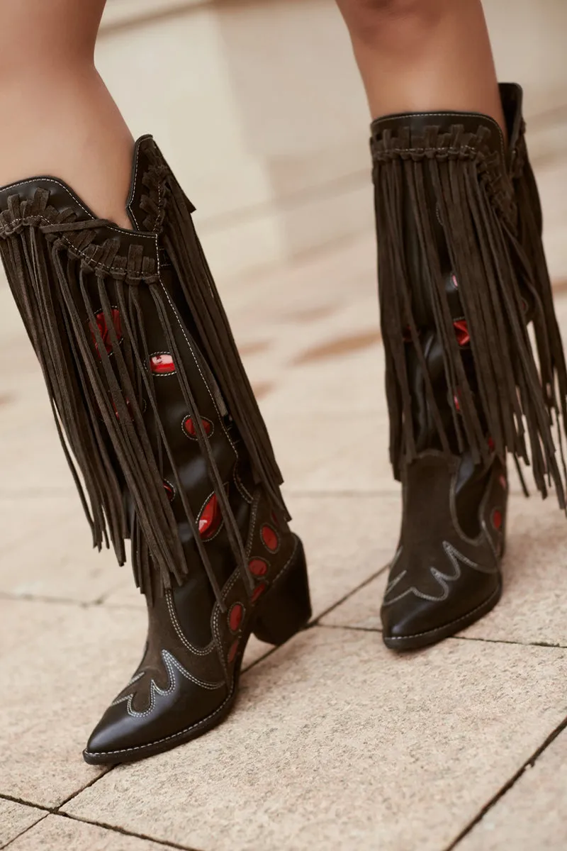 Top Layer Cowhide Knee-length Boots with Fringed