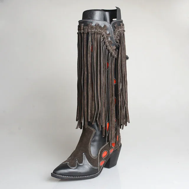 Top Layer Cowhide Knee-length Boots with Fringed