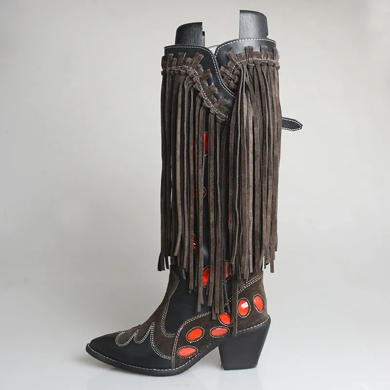 Top Layer Cowhide Knee-length Boots with Fringed