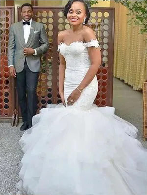 Trumpet Organza Off Shoulder Wedding Dresses,Short Sleeve Brush Train Wedding Dresses