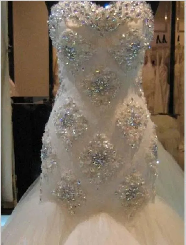 Trumpet Tulle Strapless Beading Wedding Dresses Court Train Dresses