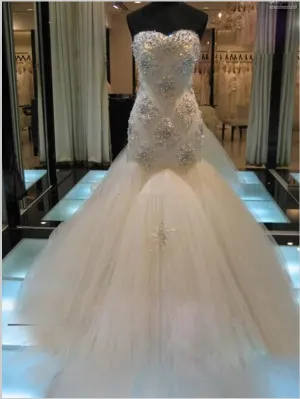 Trumpet Tulle Strapless Beading Wedding Dresses Court Train Dresses