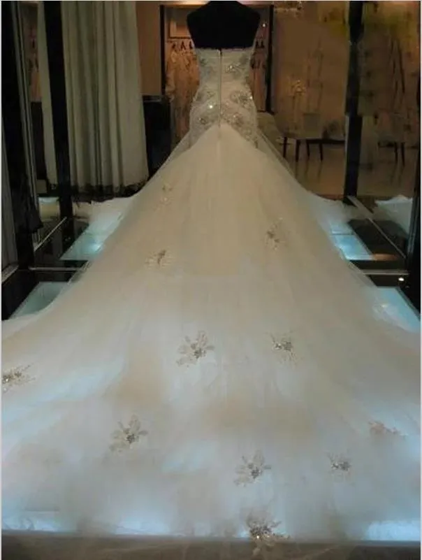 Trumpet Tulle Strapless Beading Wedding Dresses Court Train Dresses