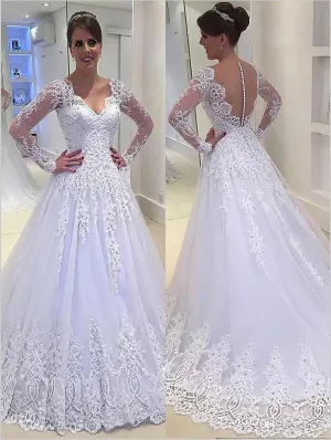 Tulle Applique V-neck Long Sleeves Wedding Dresses Court Train