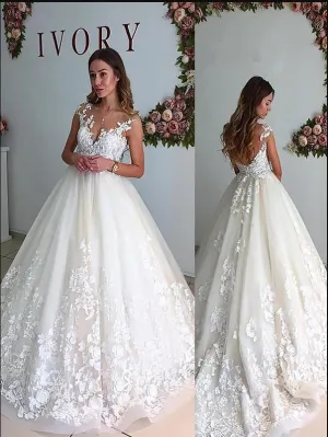 Tulle Princess V-neck Wedding Dresses,Court Train Sleeveless Wedding Dresses
