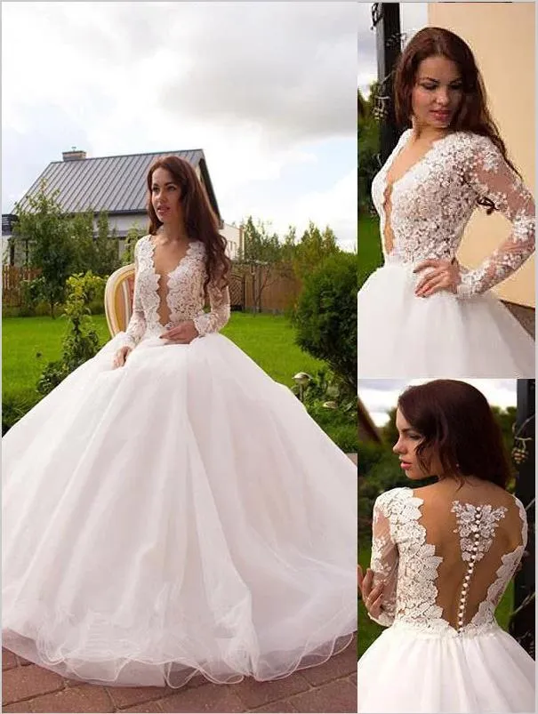 Tulle V-neck Long Sleeves Wedding Dresses Court Train Ball Gown