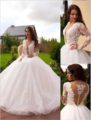 Tulle V-neck Long Sleeves Wedding Dresses Court Train Ball Gown