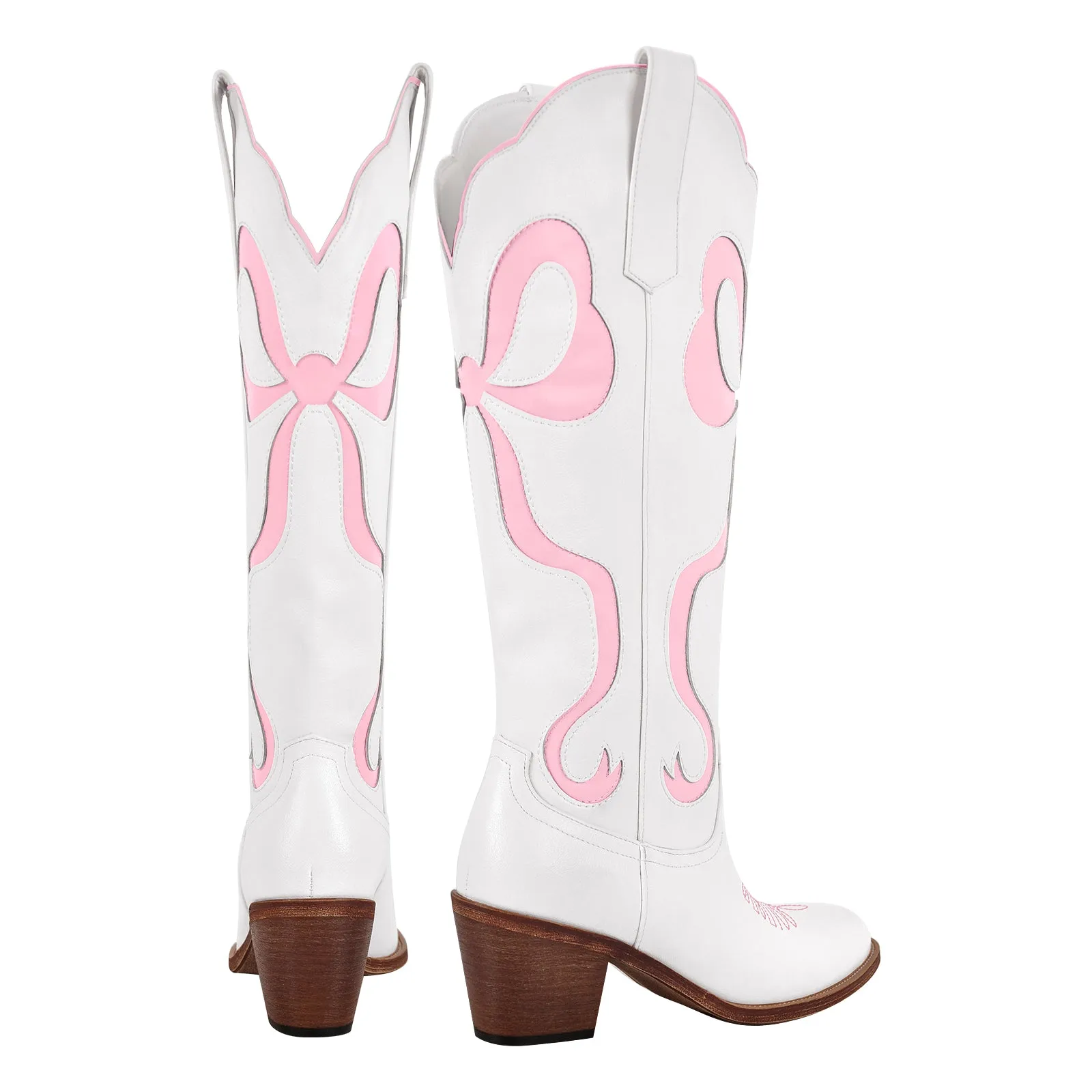 White Pointed Toe Pink Bow Knee High Cowgirl Boots
