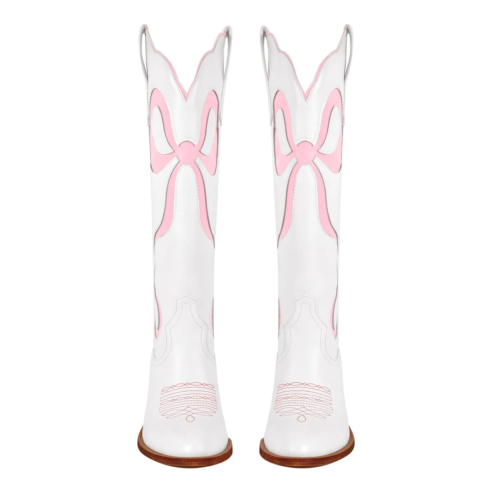 White Pointed Toe Pink Bow Knee High Cowgirl Boots