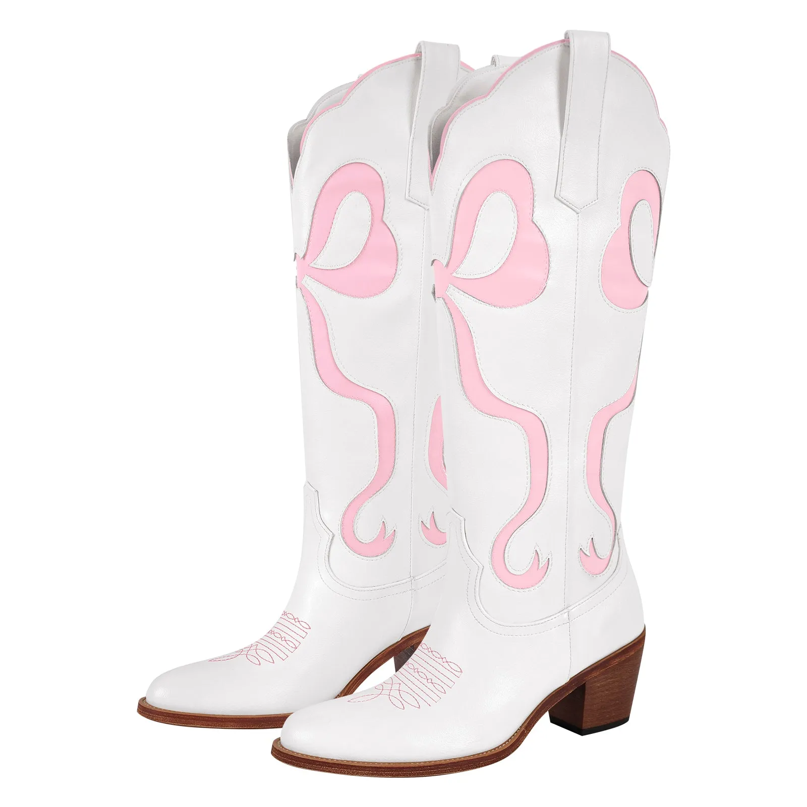 White Pointed Toe Pink Bow Knee High Cowgirl Boots
