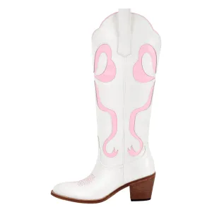 White Pointed Toe Pink Bow Knee High Cowgirl Boots