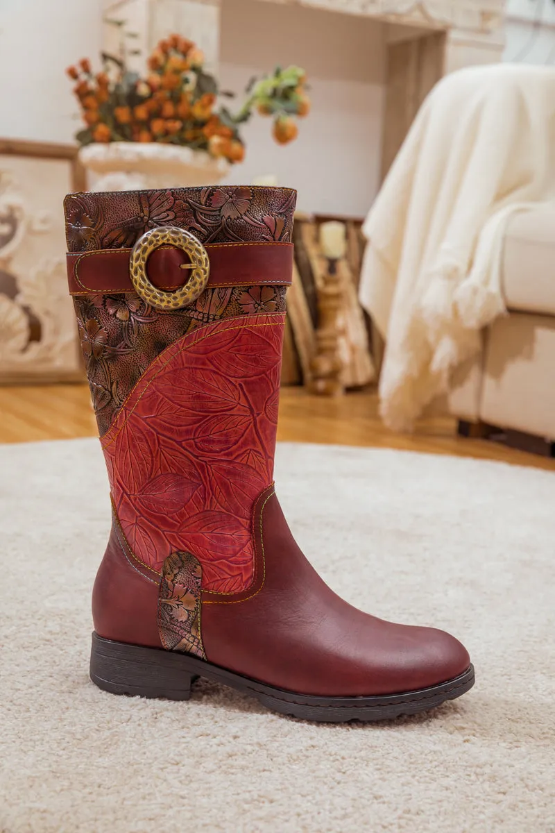 Wine Floral Embossed Leather Cowgirl Boot